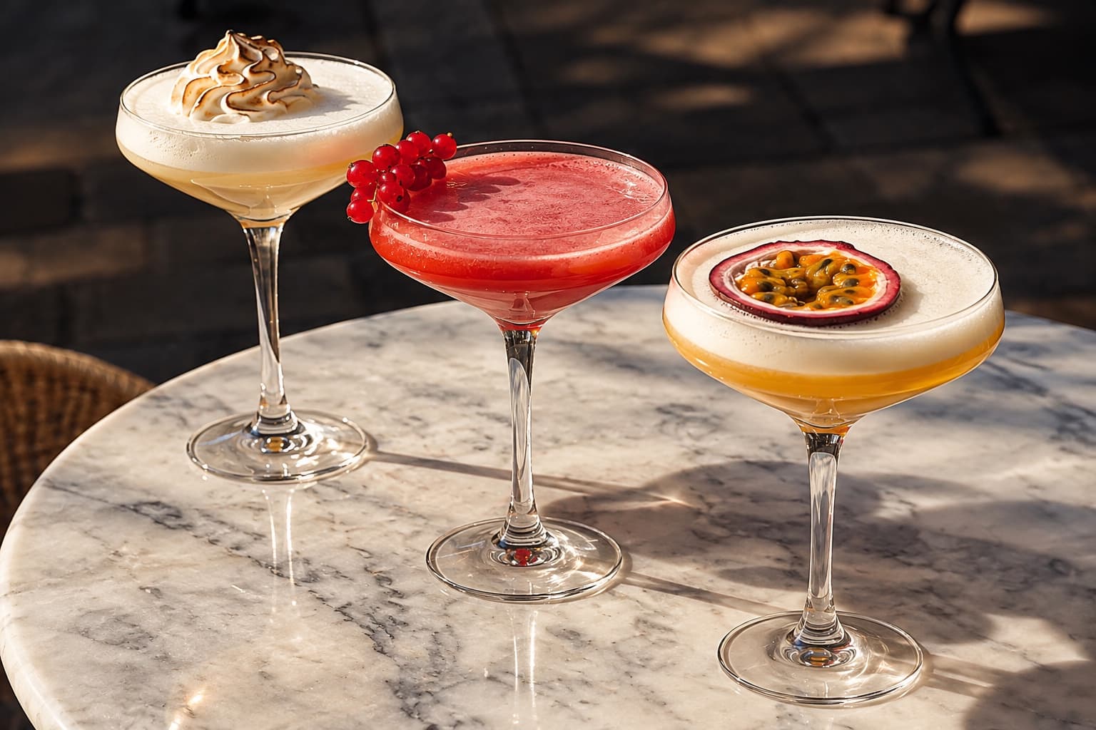 Trois cocktails colorés servis sur une table en marbre
