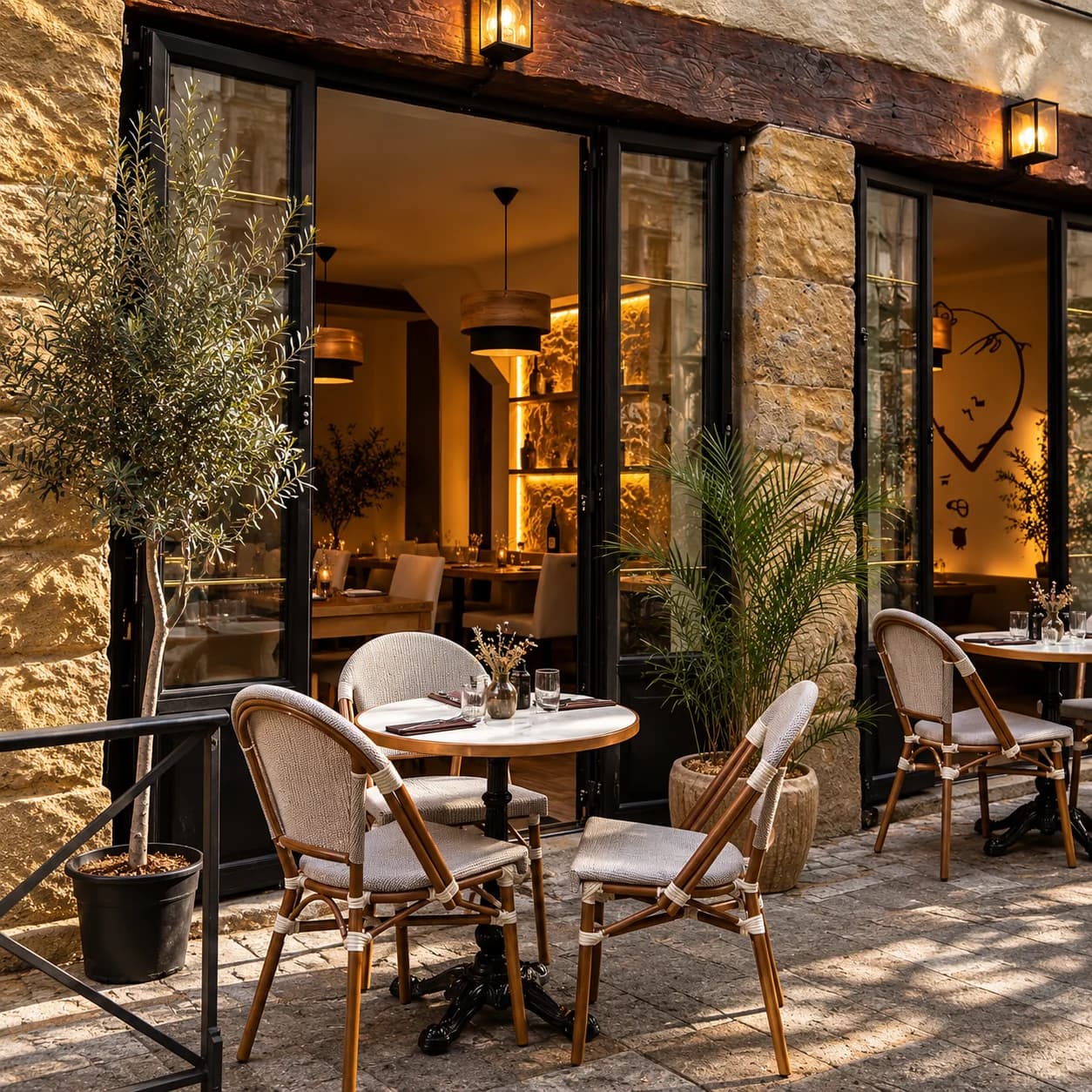 Façade en pierre de NOMADE et tables de la terrasse