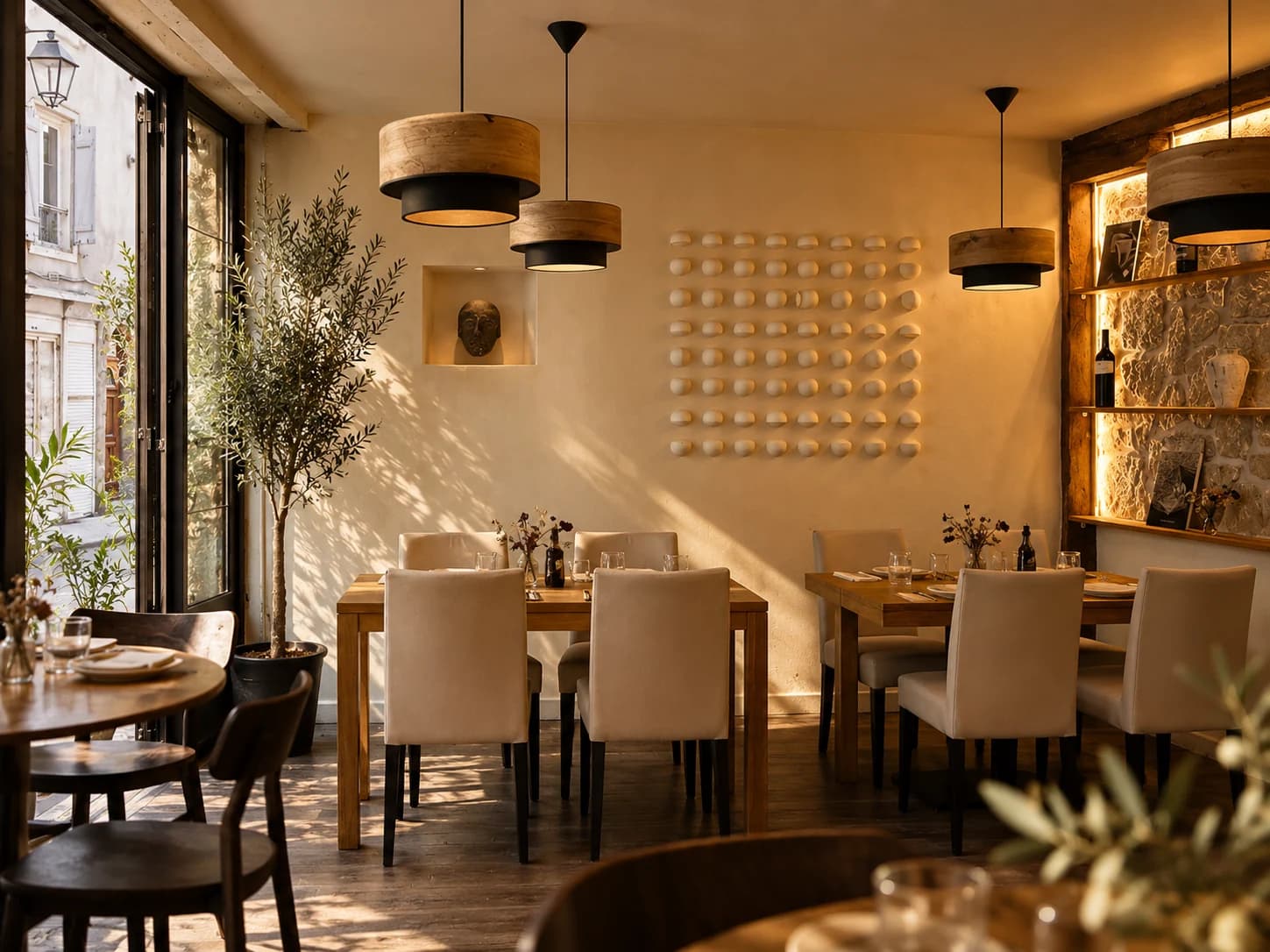 Salle de NOMADE, tables en bois et luminaires dans une lumière chaleureuse