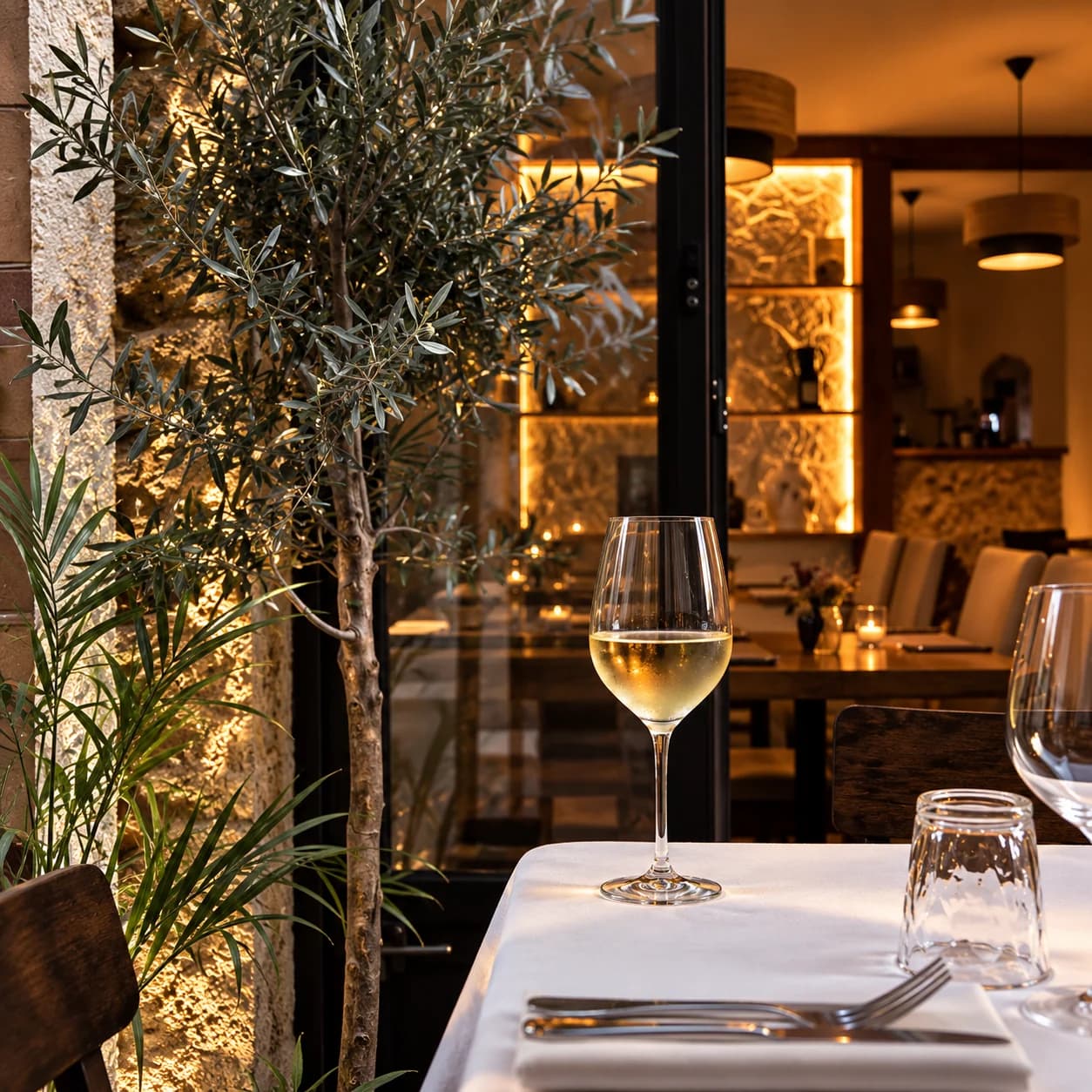 Verre de vin sur une table près de l’olivier et de la baie ouverte de NOMADE